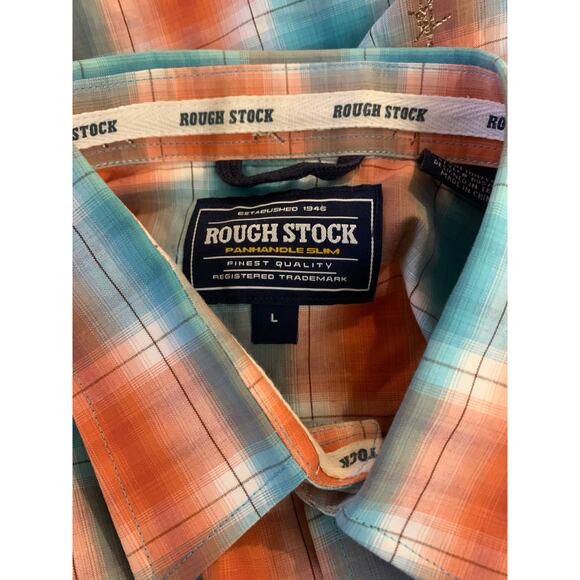 Rough Stock Mens Large Orange Blue Pearl Snap Western Flannel Cowboy Rodeo - Picture 9 of 14